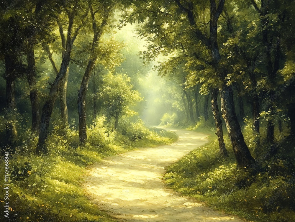 Sunlit Forest Path: A Serene Impressionist Landscape Painting Sunlit Forest Path: A Serene Impressionist Landscape Painting