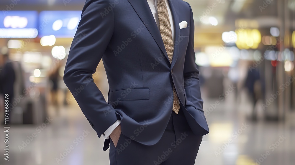 A well dressed man wearing a formal suit is standing at an airport, with his hands casually tucked into his pockets, Hd image A well dressed man wearing a formal suit is standing at an airport, with his hands casually tucked into his pockets, Hd image