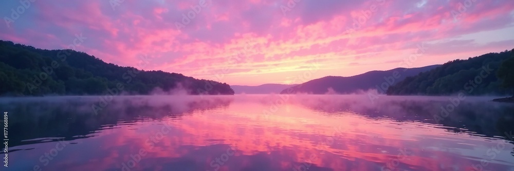 Soft pink hues dance across lake waters at dawn, serene, oologah lake, nature Soft pink hues dance across lake waters at dawn, serene, oologah lake, nature