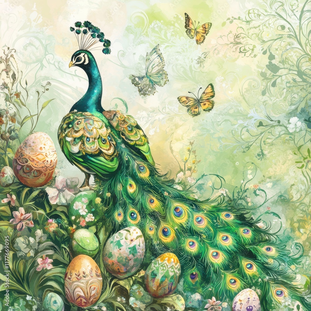Ornate Peacock Displaying Feathers Amidst Easter Eggs and Butterflies Ornate Peacock Displaying Feathers Amidst Easter Eggs and Butterflies