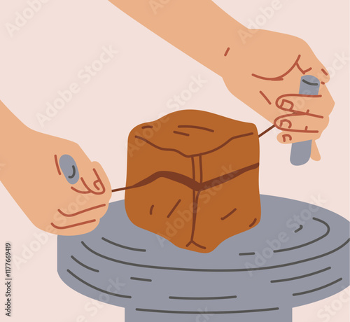 Vector illustration with raw clay in the shape of large cube on a potter's wheel