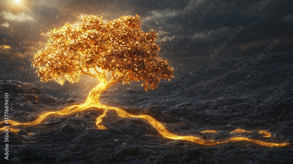 Fototapeta premium Glowing Golden Tree with Radiant Roots in Mystical Landscape