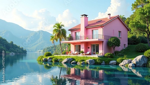 Pastel pink building with a spacious balcony and calm lake, housefront, lakeviewpoint, pastelpink photo