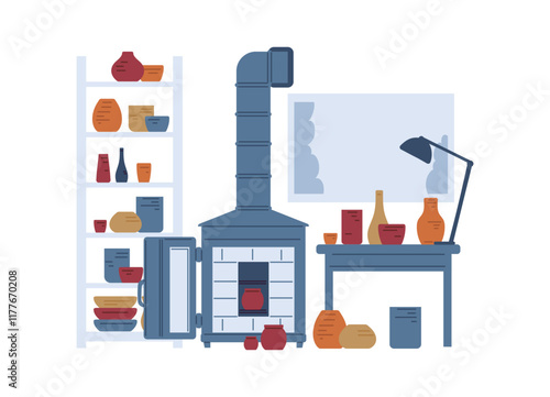Pottery studio vector flat illustration, clay vase, pot in the muffle furnace, pottery hand made workshop craft ceramics