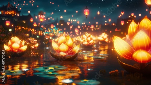 Wallpaper Mural Illuminated evening parade with lotus flowers floating on a serene river under a starry sky Torontodigital.ca