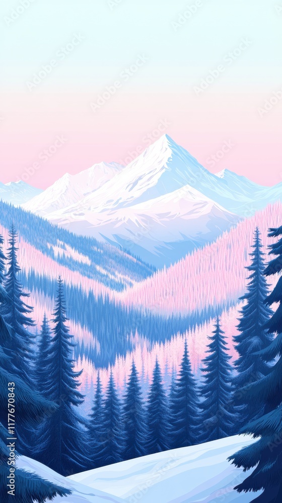 Fototapeta premium Majestic mountain range under a pastel sky with lush evergreen forests in the foreground during twilight