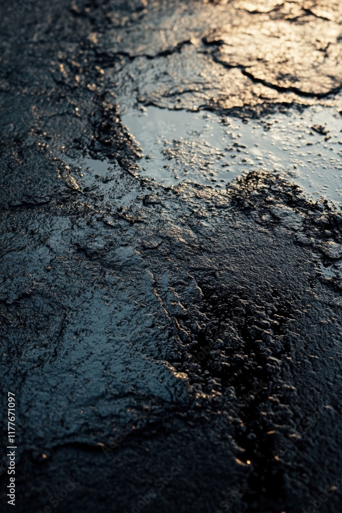 Reflections on a wet surface at sunset with shimmering textures and intricate patterns Reflections on a wet surface at sunset with shimmering textures and intricate patterns