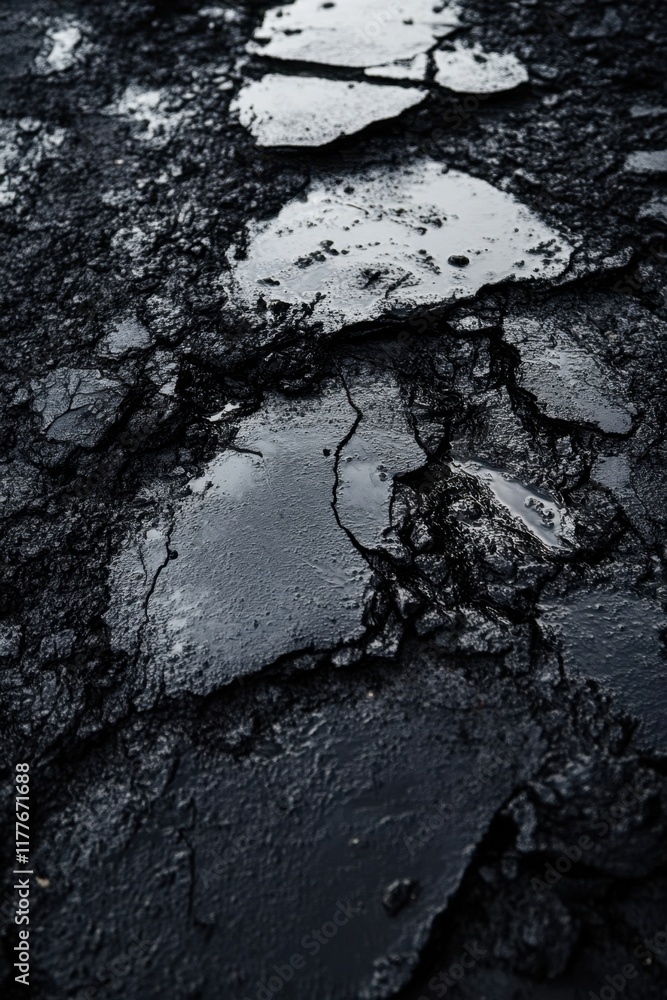 Unique texture of cracked dark surface revealing layers of earth and moisture during twilight hours Unique texture of cracked dark surface revealing layers of earth and moisture during twilight hours
