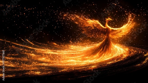 Majestic Fiery Phoenix Rising from Ashes in Dark Background