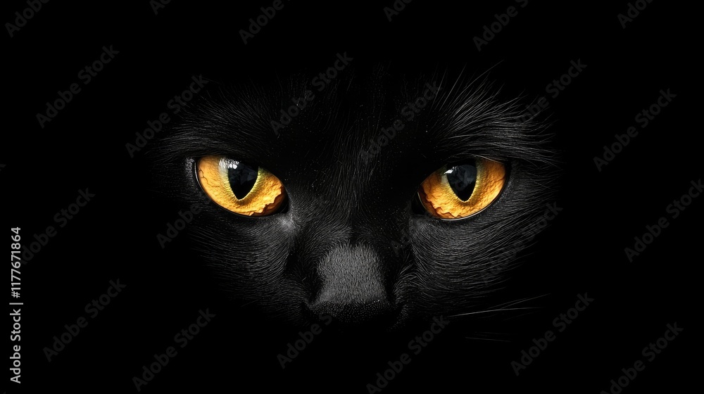 Mysterious black cat with captivating yellow eyes against a dark background ideal for text overlays and creative design projects
