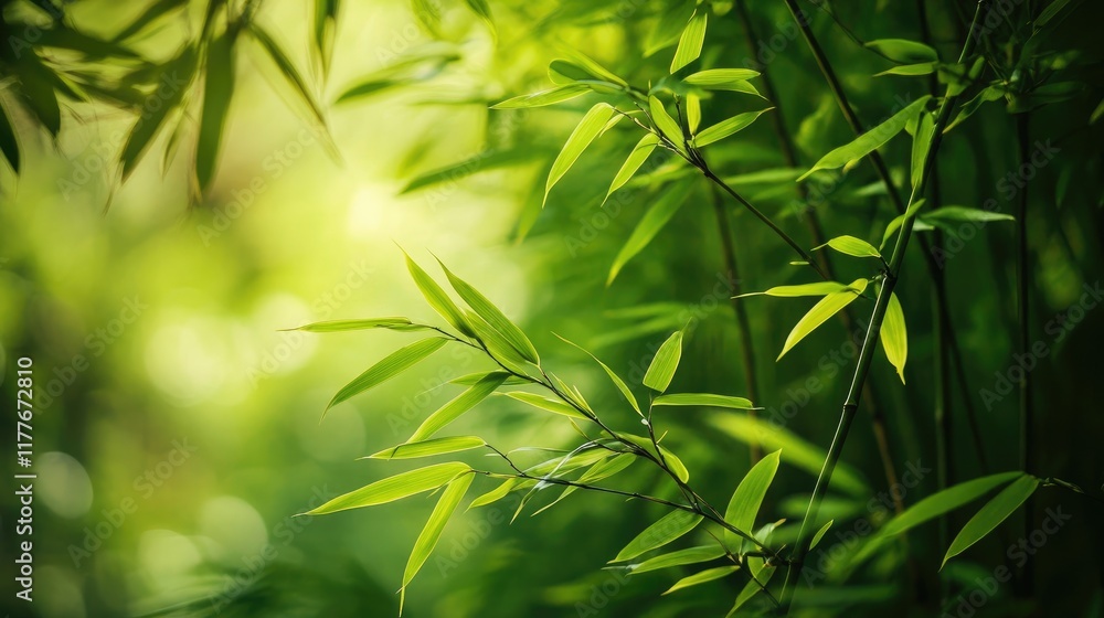 Lush green bamboo leaves swaying gently in a serene forest setting capturing nature's tranquility and vibrancy Lush green bamboo leaves swaying gently in a serene forest setting capturing nature's tranquility and vibrancy