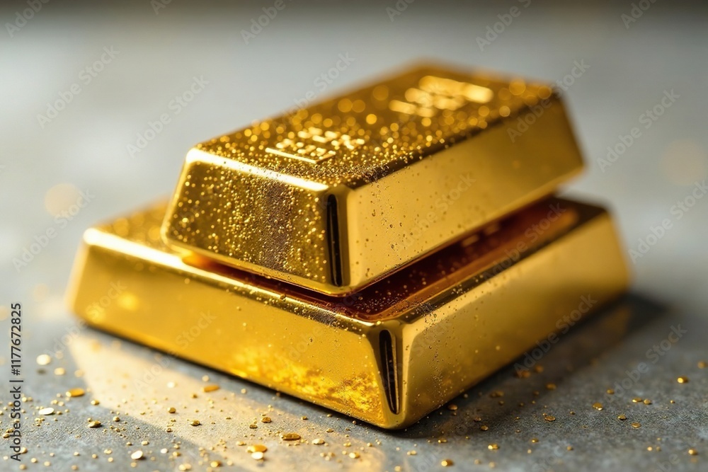 Gold bar and cash stacked neatly on top of each other, gold bar, glitter Gold bar and cash stacked neatly on top of each other, gold bar, glitter