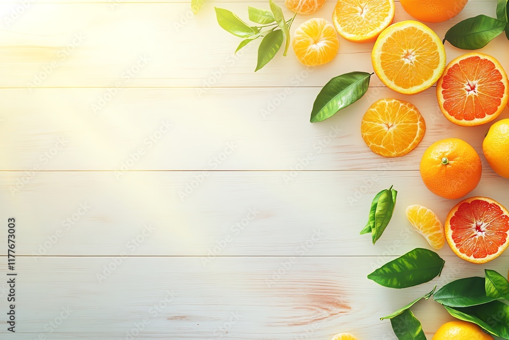 Fresh tangerines, mandarins, and clementines with leaves on wooden table, topdown view, citrus fruits background, clean and vibrant design, copy space Fresh tangerines, mandarins, and clementines with leaves on wooden table, topdown view, citrus fruits background, clean and vibrant design, copy space