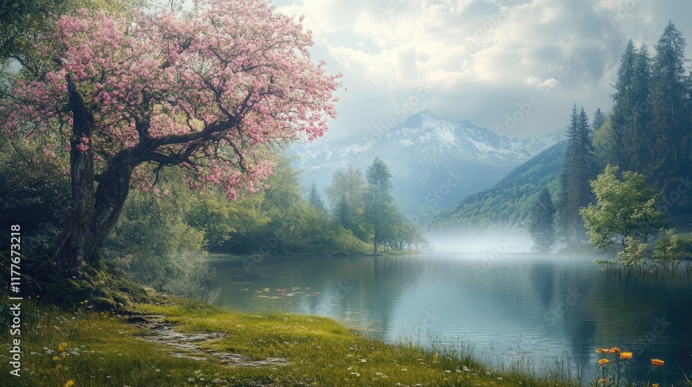 Fototapeta premium Serene lakeside landscape with blooming pink trees and majestic mountains under cloudy skies
