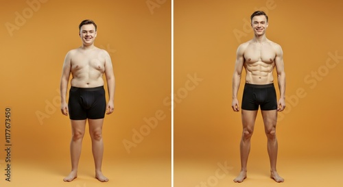 Obraz na płótnie Male fitness transformation journey to muscular build for health and wellness inspiration w salonie