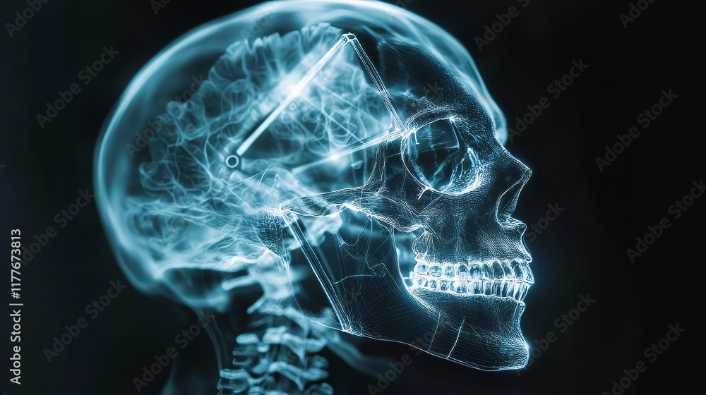 The cyber-skull. Triangulation of the technology of the skull. Render illustration of x-ray of a human skull The cyber-skull. Triangulation of the technology of the skull. Render illustration of x-ray of a human skull