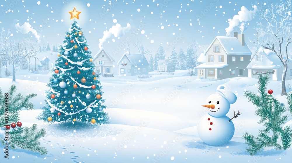 Snowy village Christmas tree snowman winter card Snowy village Christmas tree snowman winter card