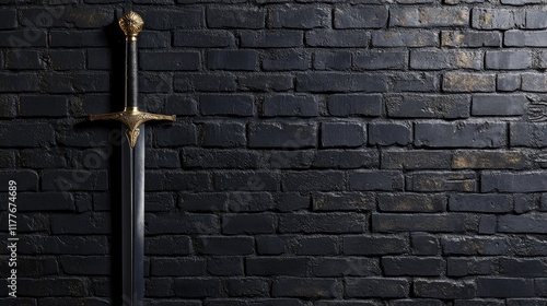 Black Brick Wall Background with Decorative Sword Leaning Display for Medieval or Fantasy Themes photo