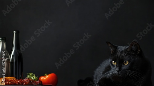 Black Cat Against Dark Background with BBQ Items and Copyspace for Text in Culinary Setting photo