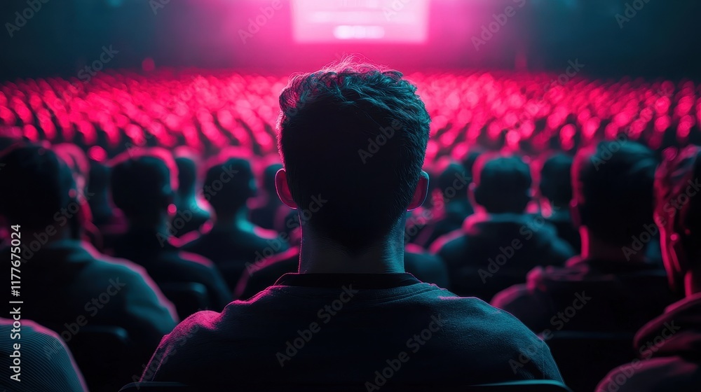 A crowd of people sits in a dimly lit venue, illuminated by pink light, focused on a presentation or performance. A crowd of people sits in a dimly lit venue, illuminated by pink light, focused on a presentation or performance.