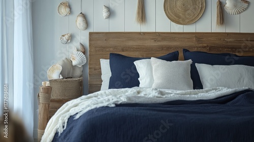Cozy bedroom design featuring navy and white tones with decorative elements and a relaxed atmosphere