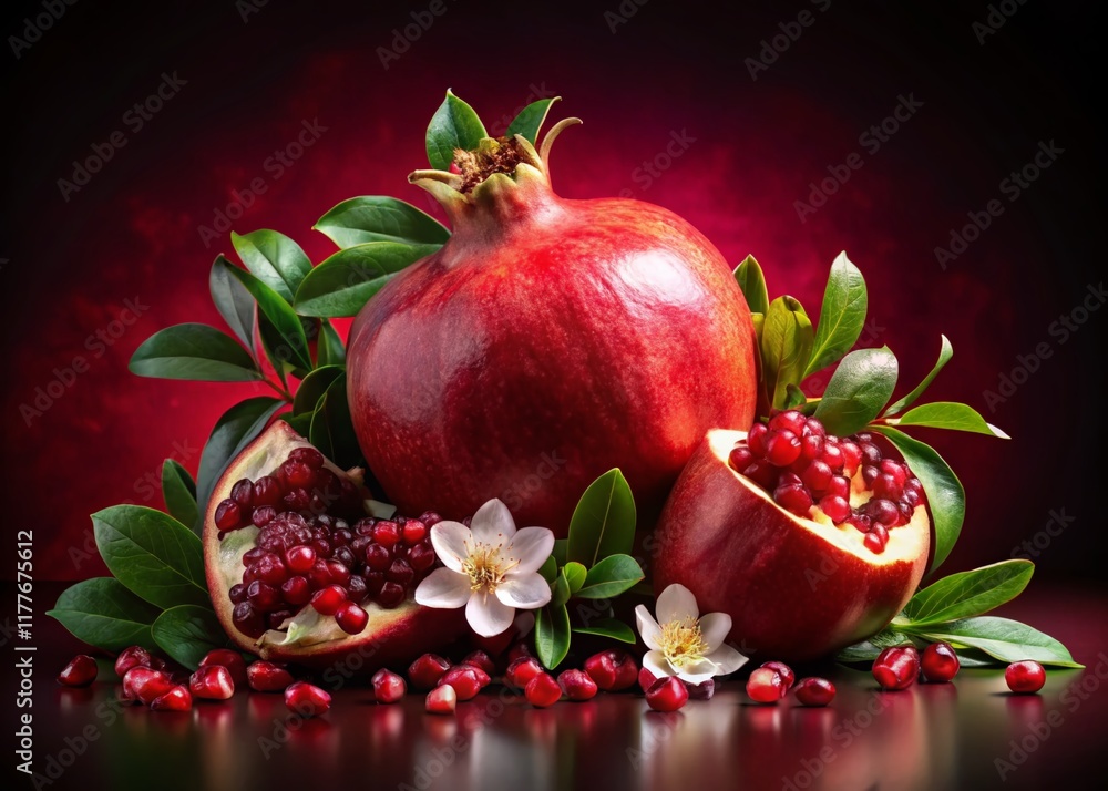 Ripe Pomegranate with Blossoms and Leaves on Red Background - Stock Photo Ripe Pomegranate with Blossoms and Leaves on Red Background - Stock Photo