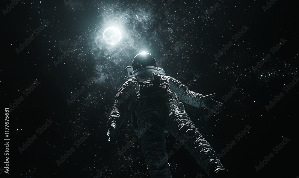 Astronaut Floating in Space Under Bright Moonlight and Stars Astronaut Floating in Space Under Bright Moonlight and Stars