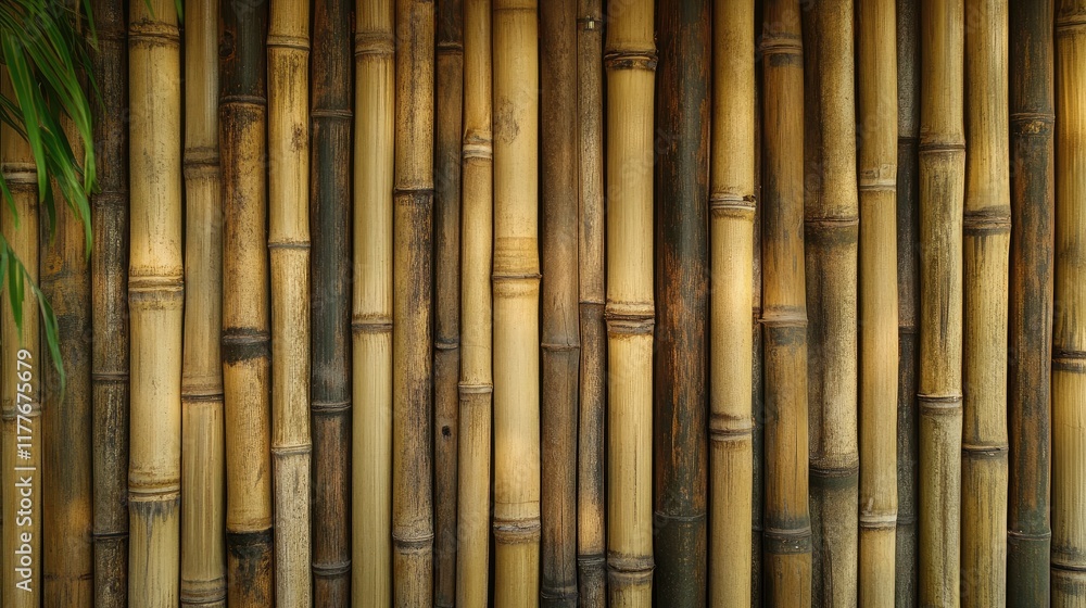 Fototapeta premium Natural bamboo fence texture background with vertical poles showcasing earthy tones and a rustic aesthetic. Perfect for eco-themed designs.