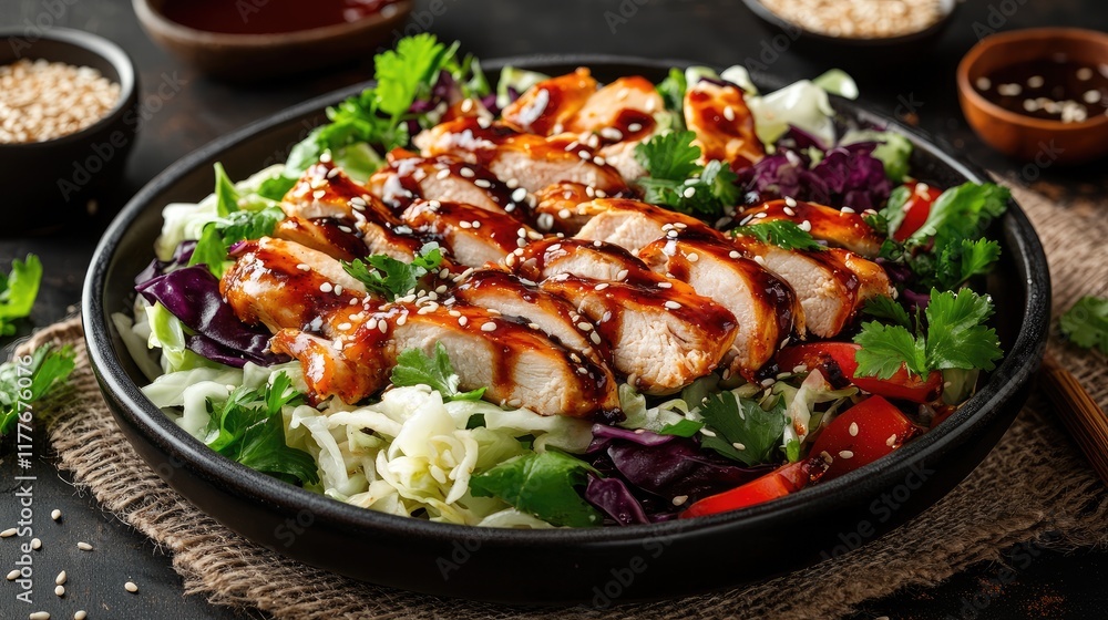 Asian Chicken Salad with Cabbage and Sesame on Rustic Table Garnished with Fresh Herbs and Colorful Vegetables Asian Chicken Salad with Cabbage and Sesame on Rustic Table Garnished with Fresh Herbs and Colorful Vegetables
