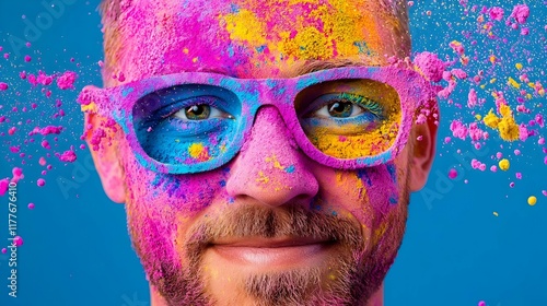 Vibrant Celebration of Holi, a close-up of a joyful face adorned with bright colors, embodying the spirit of festivity and cultural expression. photo