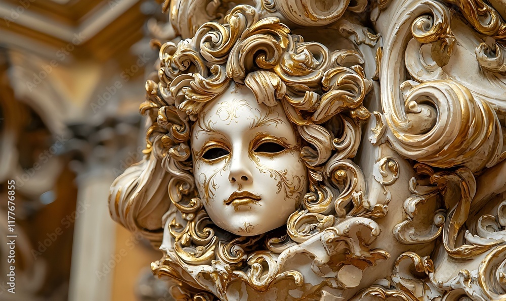 Baroque Elegance, a close-up view of an ornate mask showcasing intricate details and elaborate craftsmanship, reflecting rich historical artistry. Baroque Elegance, a close-up view of an ornate mask showcasing intricate details and elaborate craftsmanship, reflecting rich historical artistry.