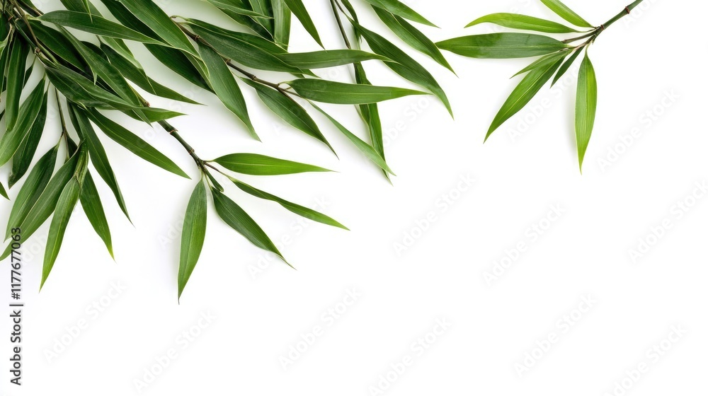 Fresh Bamboo Leaves on White Background for Natural and Organic Themes in Design and Decoration Fresh Bamboo Leaves on White Background for Natural and Organic Themes in Design and Decoration