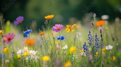 Vibrant summer meadow filled with colorful one year old flowers showcasing nature's beauty in full bloom during sunny days photo