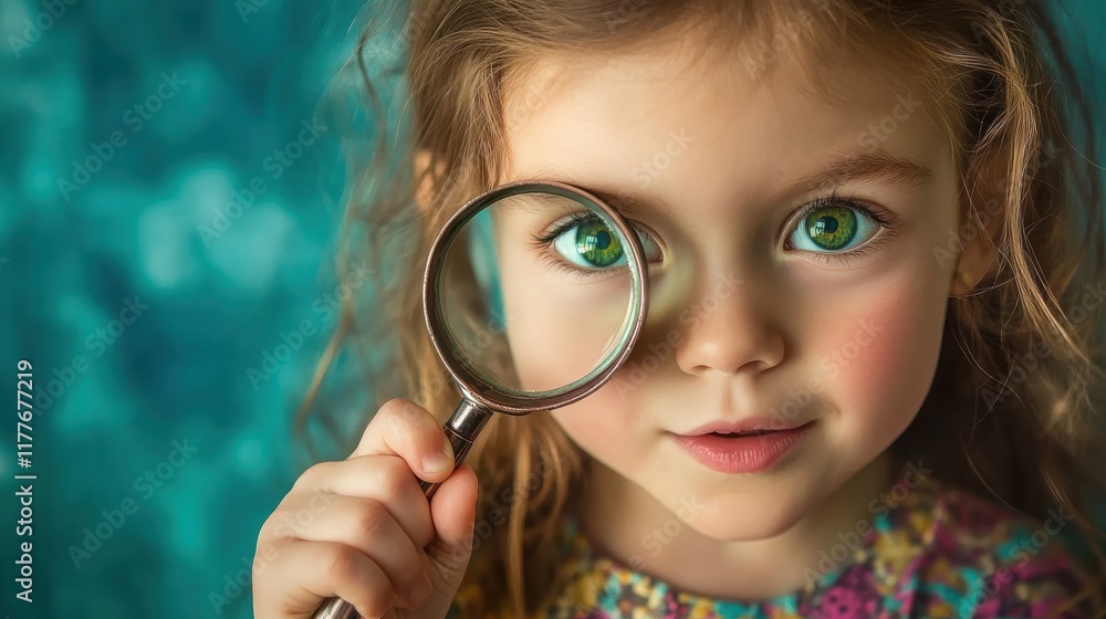 Young girl curiously examining the world through a magnifying glass in a creative and colorful setting Young girl curiously examining the world through a magnifying glass in a creative and colorful setting