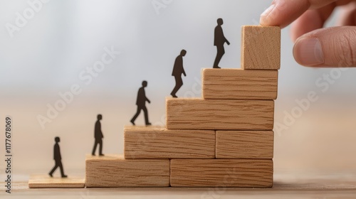 Wooden Blocks Stacked as Steps Progressing Upward with Silhouettes of People Representing Growth and Achievement in a Conceptual Setting photo