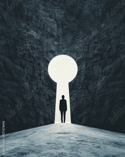 Surreal Composition Featuring a Silhouette of a Person Standing at a Large Keyhole in an Abstract Environment Symbolizing Mystery and Exploration photo