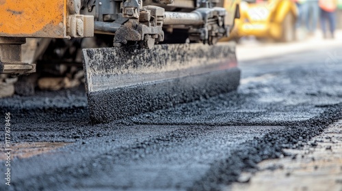 Asphalt paving machine laying fresh surface for parking lot restoration and maintenance with focus on construction equipment in action.