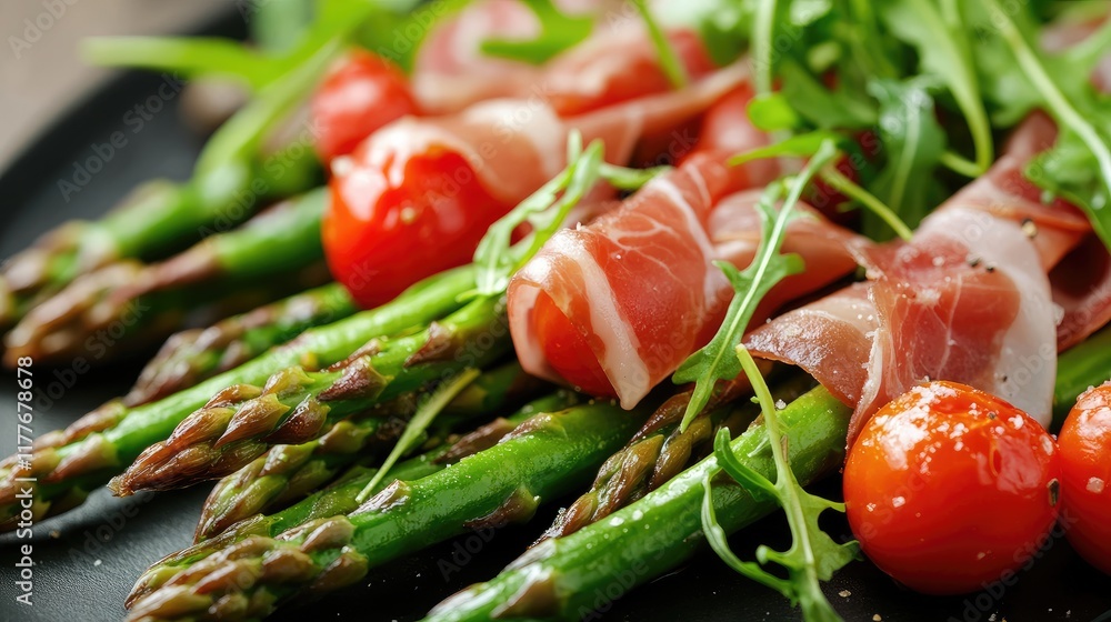 Fresh Asparagus Salad with Prosciutto Cherry Tomatoes and Arugula on a Black Plate Delicious Healthy Appetizer or Side Dish Fresh Asparagus Salad with Prosciutto Cherry Tomatoes and Arugula on a Black Plate Delicious Healthy Appetizer or Side Dish