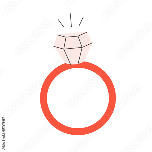 Cute engagement ring with gemstone. Gold, precious jewelry, proposal, wedding concept. Vector illustration in flat style