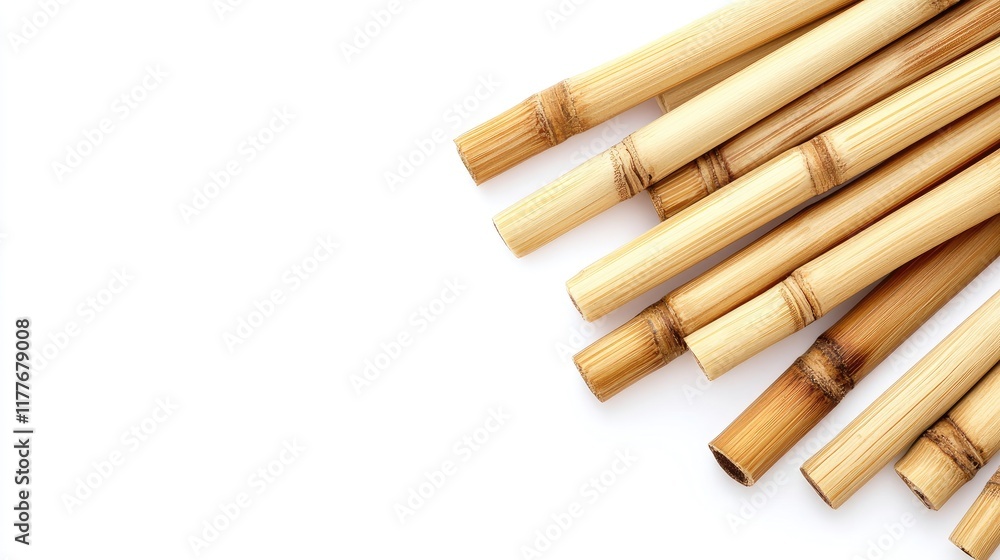 Bamboo chopsticks arranged elegantly isolated on a clean white background showcasing their natural texture and design. Bamboo chopsticks arranged elegantly isolated on a clean white background showcasing their natural texture and design.