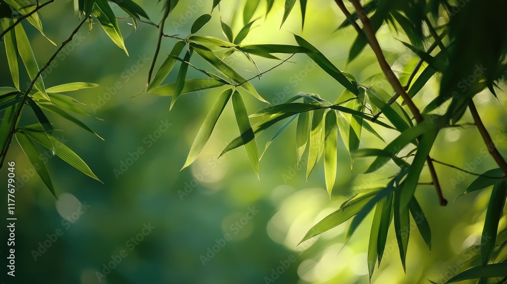 Fototapeta premium Lush bamboo leaves and branches with sunlight filtering through creating a serene natural background atmosphere