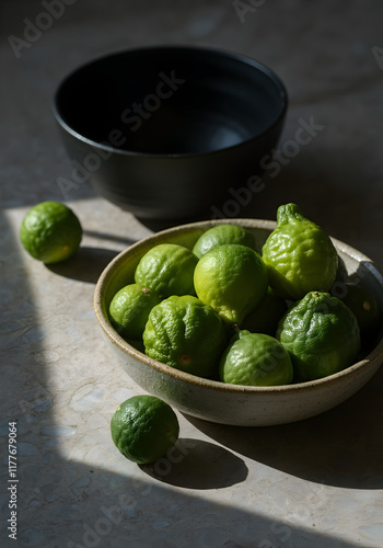 A rustic ceramic bowl filled with small green finger limes, placed on a textured marble surface. Soft natural lighting casts subtle shadows. photo