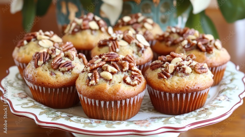 Delicious Banana Nut Muffins Garnished with Pecans on Elegant Serving Tray Delicious Banana Nut Muffins Garnished with Pecans on Elegant Serving Tray