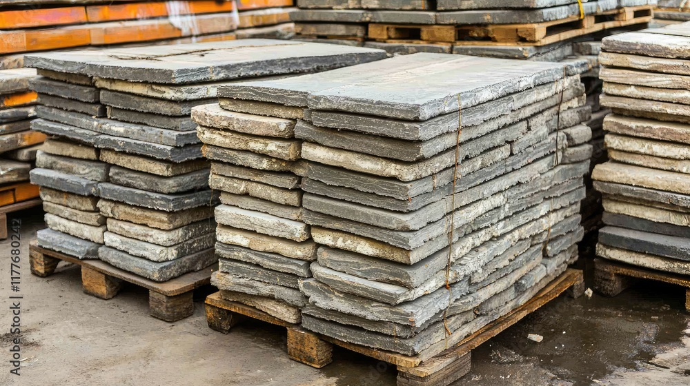 Stacked Asphalt Cement Tiles on Wooden Pallets for Building Material Recovery and Reuse in Construction Projects Stacked Asphalt Cement Tiles on Wooden Pallets for Building Material Recovery and Reuse in Construction Projects