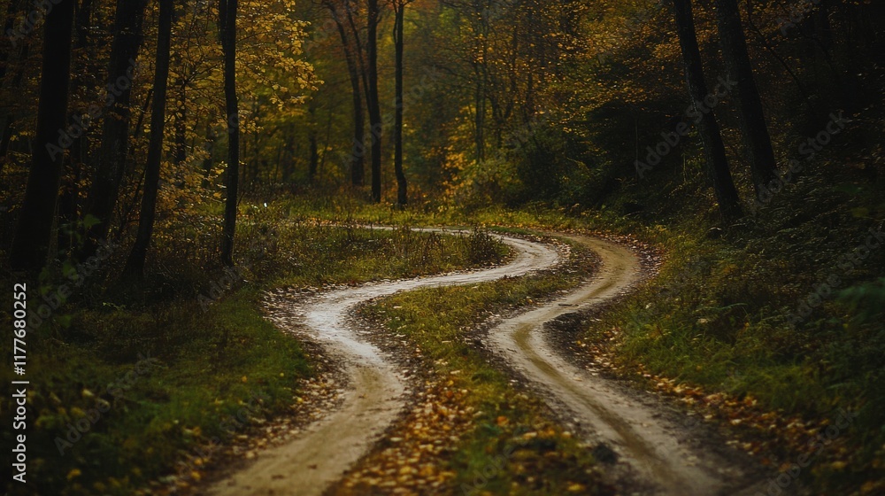 Naklejka premium Serene Winding Path Through Autumn Forest