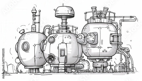 Whimsical steampunk factory with interconnected pods and pipes. Perfect for a game asset, children's book illustration, or concept art.