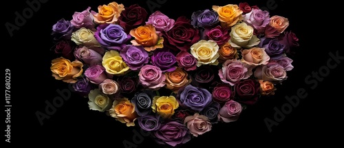 A vibrant heart shaped bouquet of assorted roses in various colors, symbolizing love and beauty