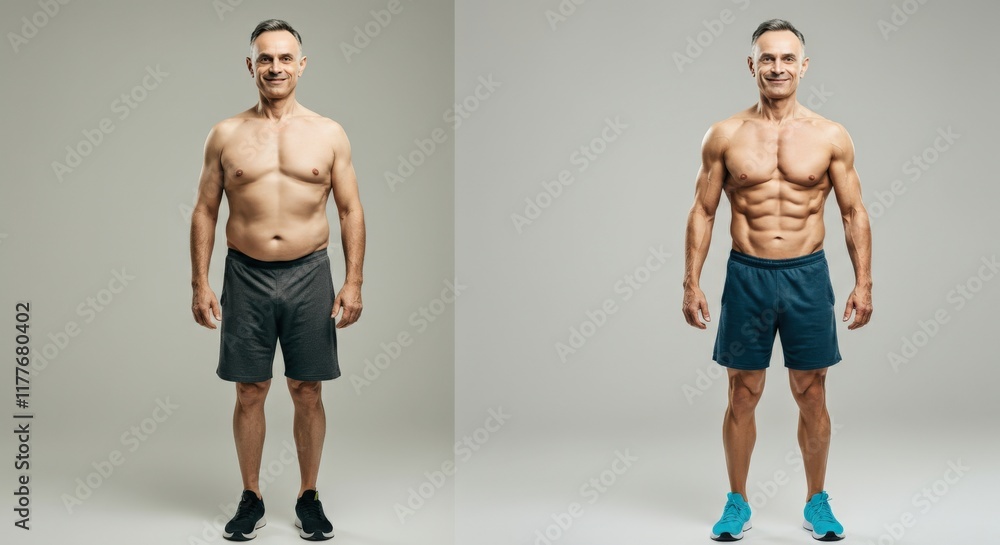 Transformation journey of a caucasian mature male embracing fitness and health improvement