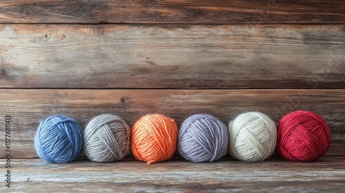 Colorful wool balls arranged in a row on a rustic wooden surface showcasing texture and craftsmanship in knitting supplies. photo