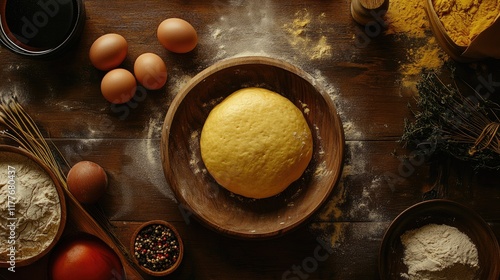 Raw dough ball surrounded by fresh eggs, flour, and spices on wooden table top view with ample copy space for culinary or baking themes